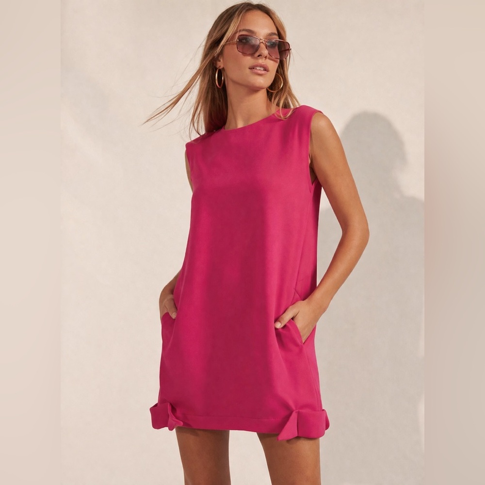 Minimalist Pink Shift‎ Dress Bow Hem Parisian Style pockets Lined S